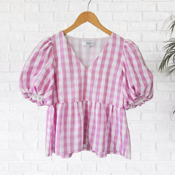 CROSBY Mollie Burch Jackie Puff Sleeve V-neck Top Medium Pink White Gingham - Picture 8 of 10